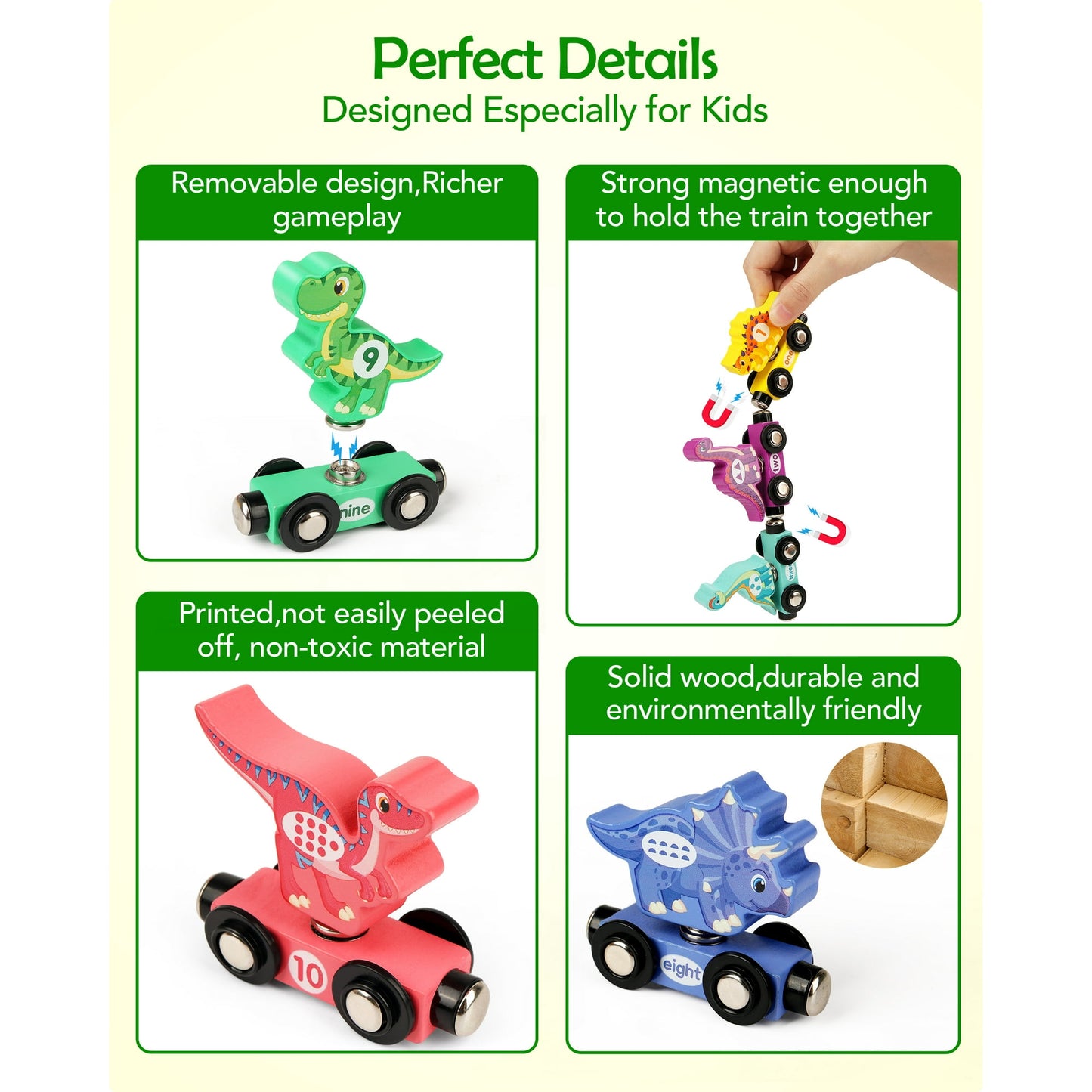 Wooden Train Set with Dinosaurs Toys - Vanmor Toys for Toddlers,Educational Toddler Matching and Magnetic Number Train Learning Toys for Kids Ages 3-5. Montessori Gift for Boys and Girls，11PCS