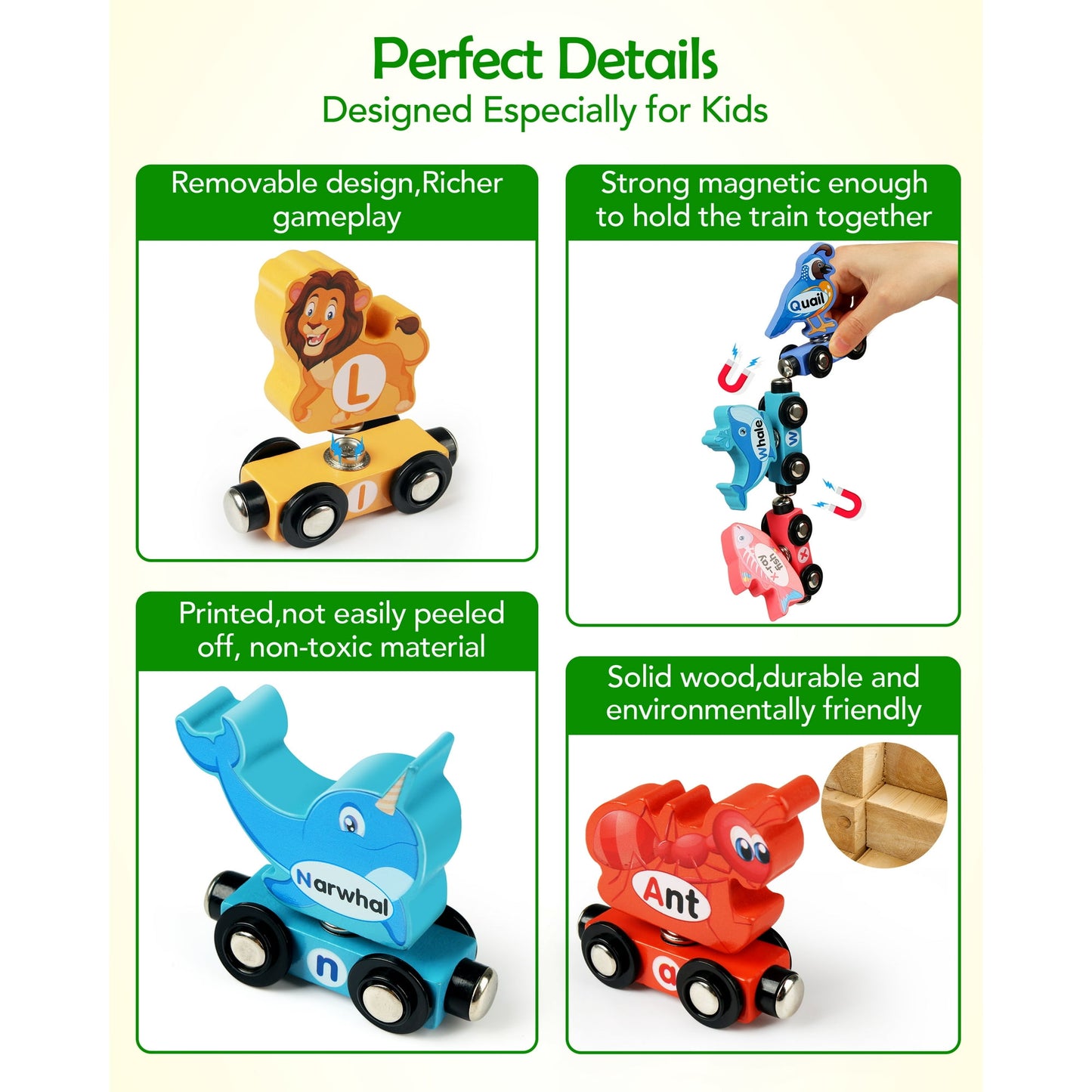 Vanmor Wooden Train Set for Toddlers - Snap-Connection Animal Trains, Magnetic Alphabet Train Learning Toys, STEM Preschool Toys, ABC and Animal Play Set for Kids Ages 3-5 Christmas Gifts for Kids