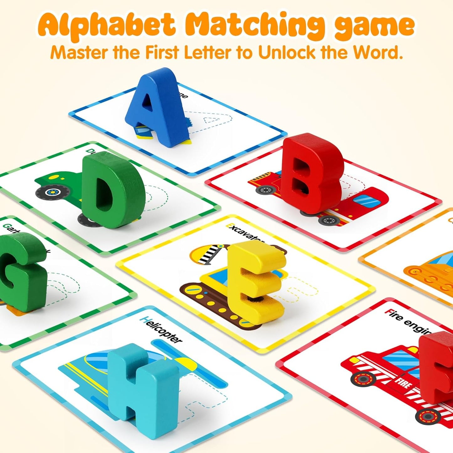 Wooden Alphabet Puzzle Learning Toys for Kids Ages 3-5 , Traffic ABC Letter Sight Words Matching Game with 52 Blocks and Flash Cards, Montessori Spelling Game Preschool Toys for Kids 4-8