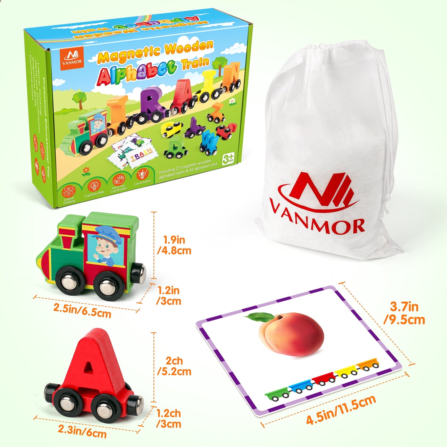 Vanmor 27 PCS Preschool Alphabet Toys Magnetic Wooden Train Sets | ABC Letter Learning Toy Trains with 42 PCS Flash Cards | Kids Boys Girls Educational Toys for 3 4 5 6 7 Years Old