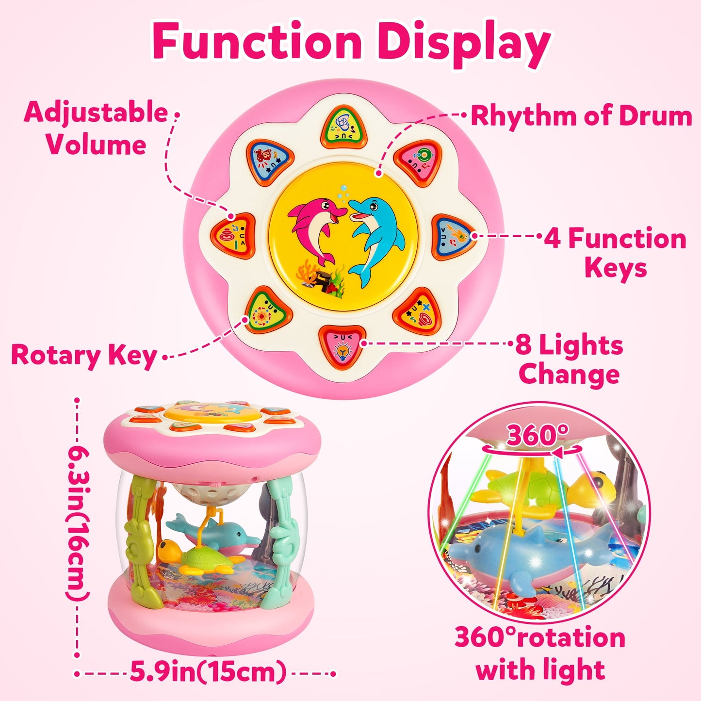 Vanmor Baby Girl Toys 6-12 Months- Pink Musical Light Up Ocean Rotating Tummy Time Infant Learning Crawling Pink Toys Babies Boys 1 2 3 Year Old for Birthday Baby Gifts